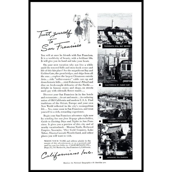 1954 San Francisco Vacation Travel Vintage Print Ad Cable Car Fishermans Wharf - Picture 1 of 1